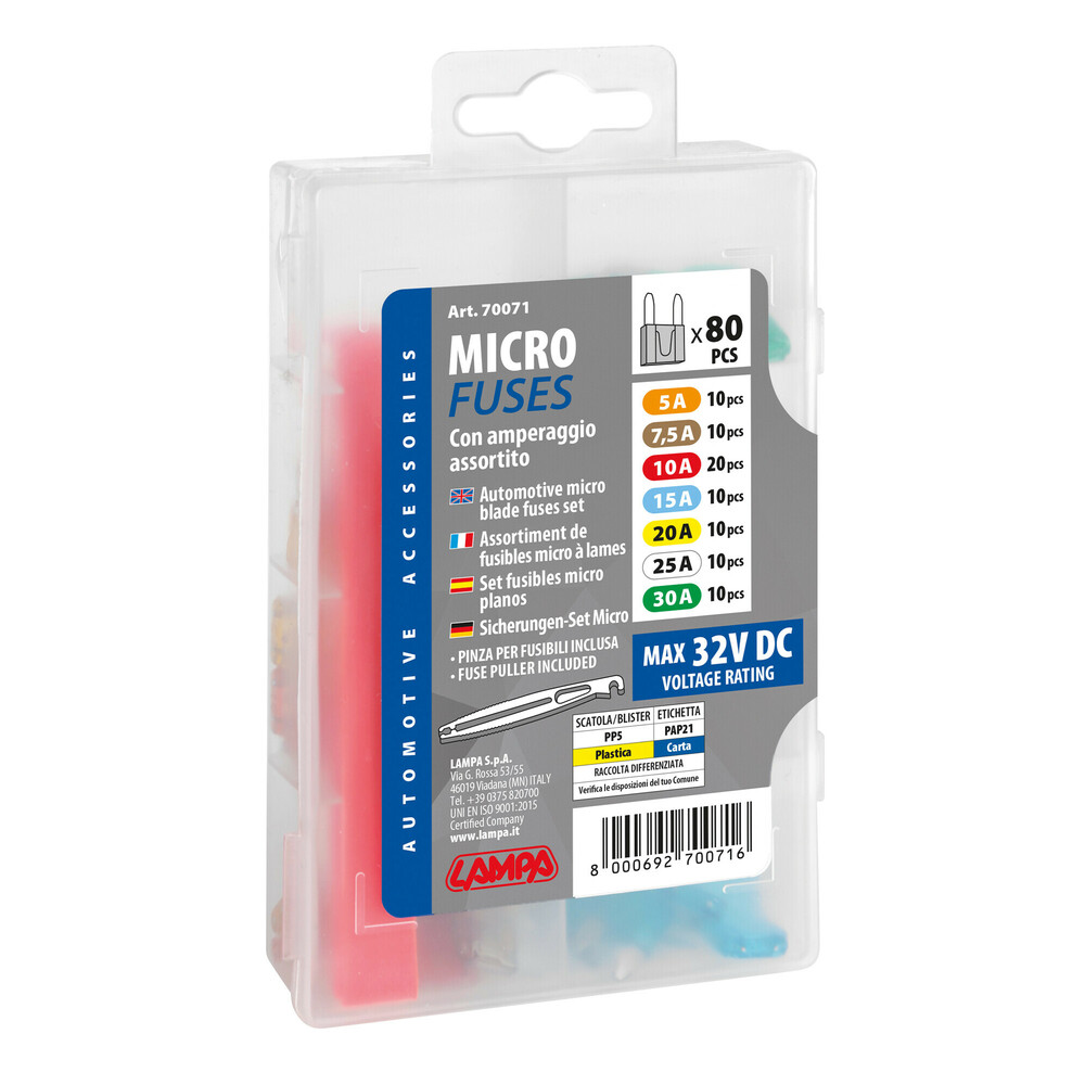 Micro zekeringen set – 80 stuks – 12/32V | Inhoud: 10 x 5A 10 x 7,5A 20 x 10A 10 x 15A 10 x 20A 10 x 25A 10 x 30A | Met zekeringtrekker #3